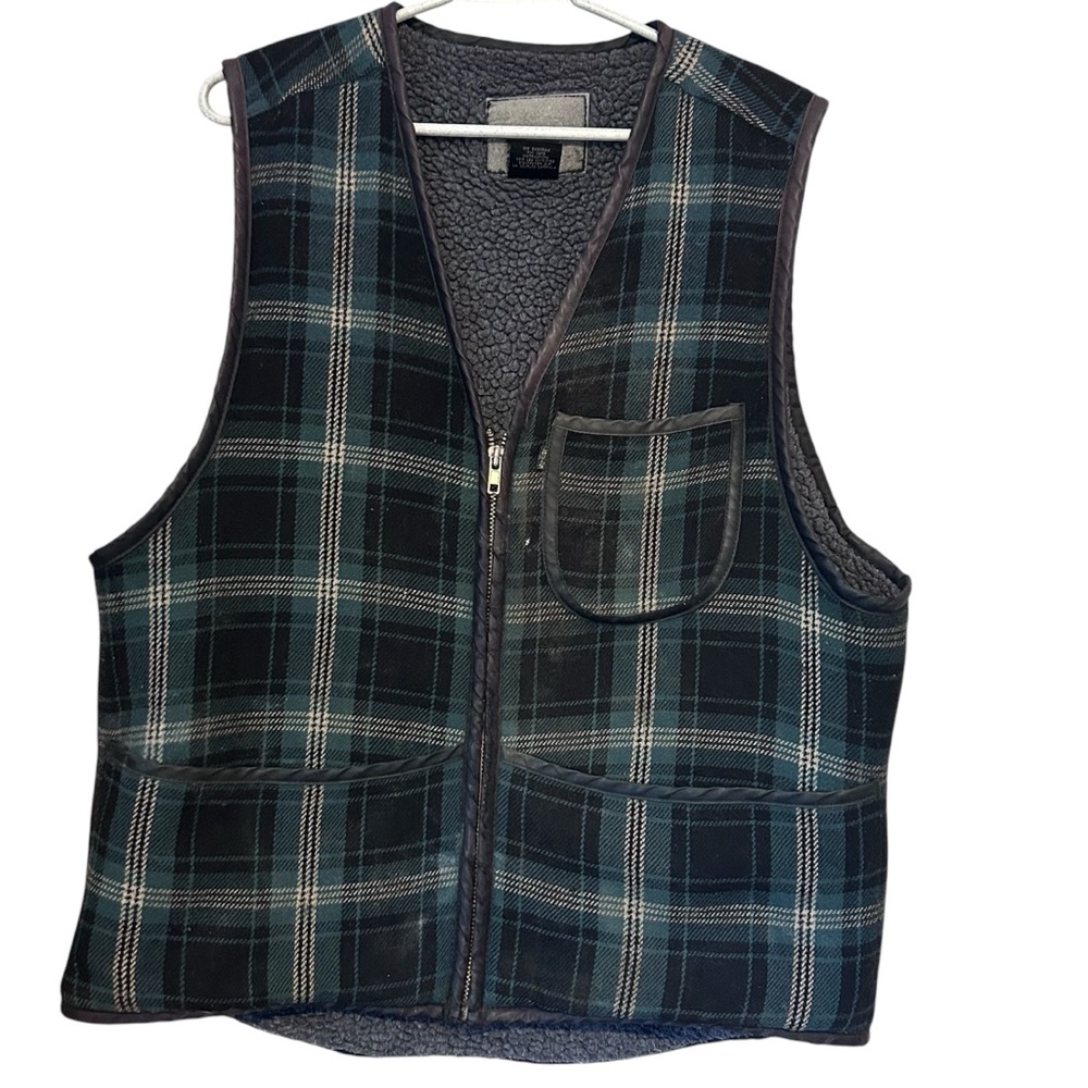 Levi Strauss Mens Vintage Green Plaid Vest S Wool Blend Sherpa Lined Zippered